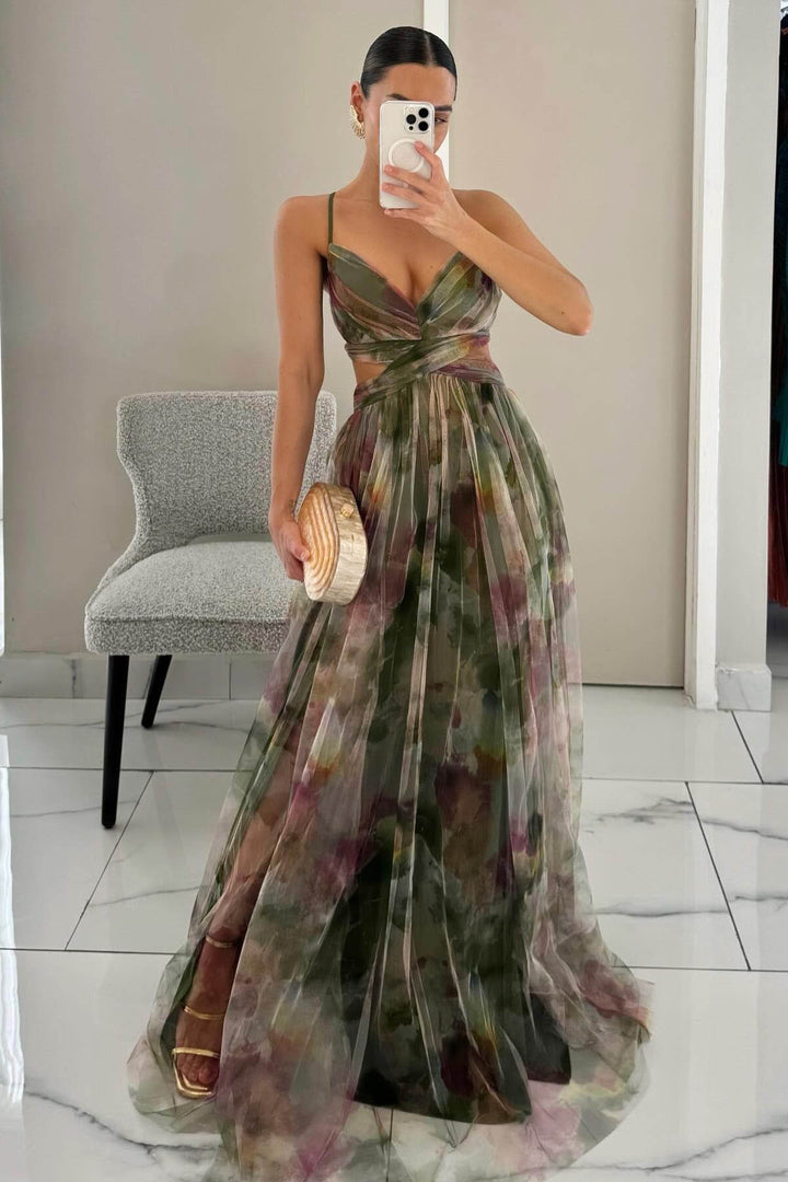Dorothea | Elegant Painted Floral V-Neck A-Line Maxi Dress