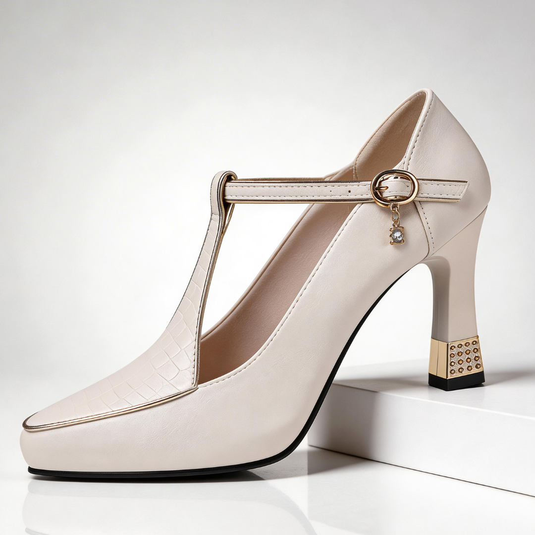 Ruby | Elegant Black T-Strap Block Heels With Gold Accents