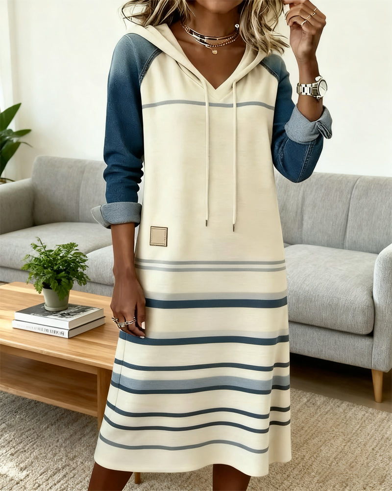 Bethany | Chic Striped Hooded Midi Dress With Color Block Sleeves