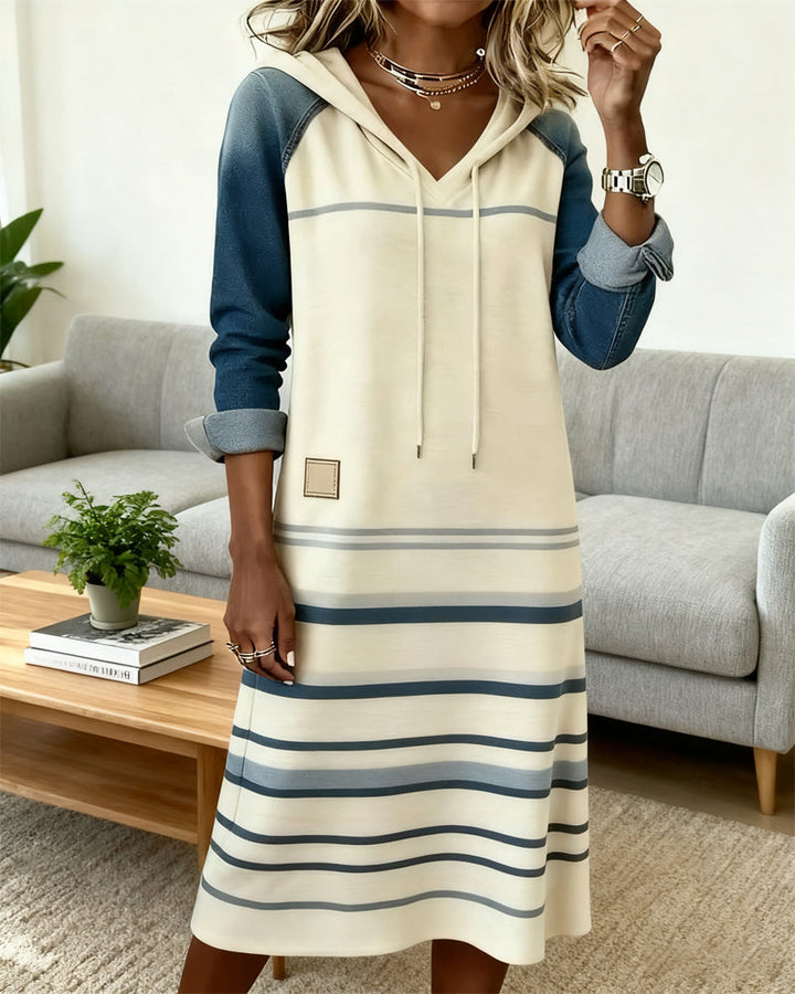 Bethany | Chic Striped Hooded Midi Dress With Color Block Sleeves