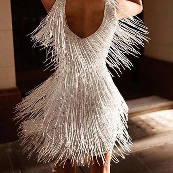 Felicity | Glamorous V-Neck Sequin Mini Dress With Fringe Detail
