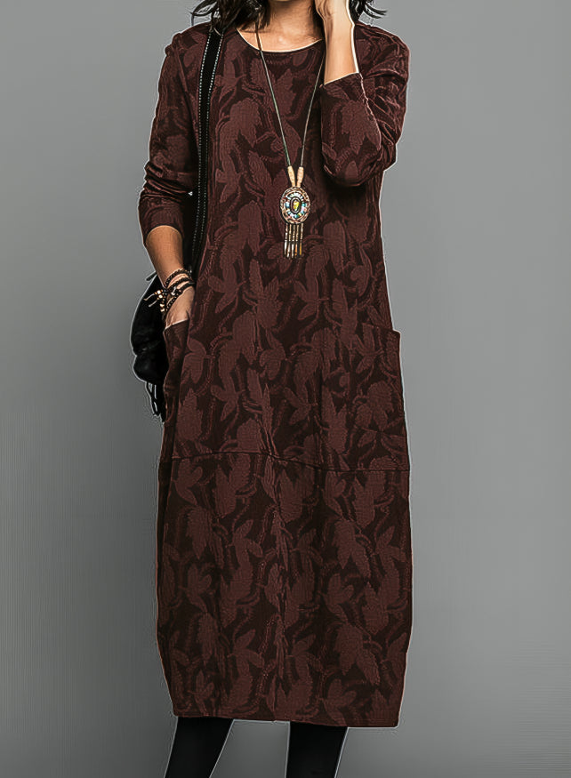 Adelaide | Elegant Long Sleeve Maxi Dress With Leaf Print