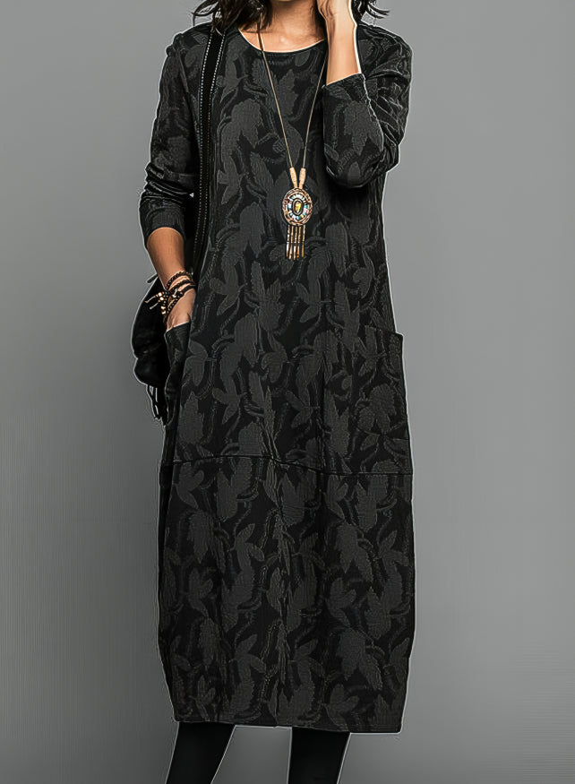 Fern | Elegant Long-Sleeve Leaf Print Maxi Dress