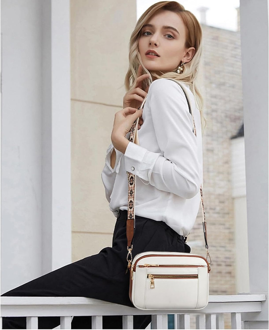 Phoebe | Elegant White Leather Crossbody Bag With Embroidered Strap