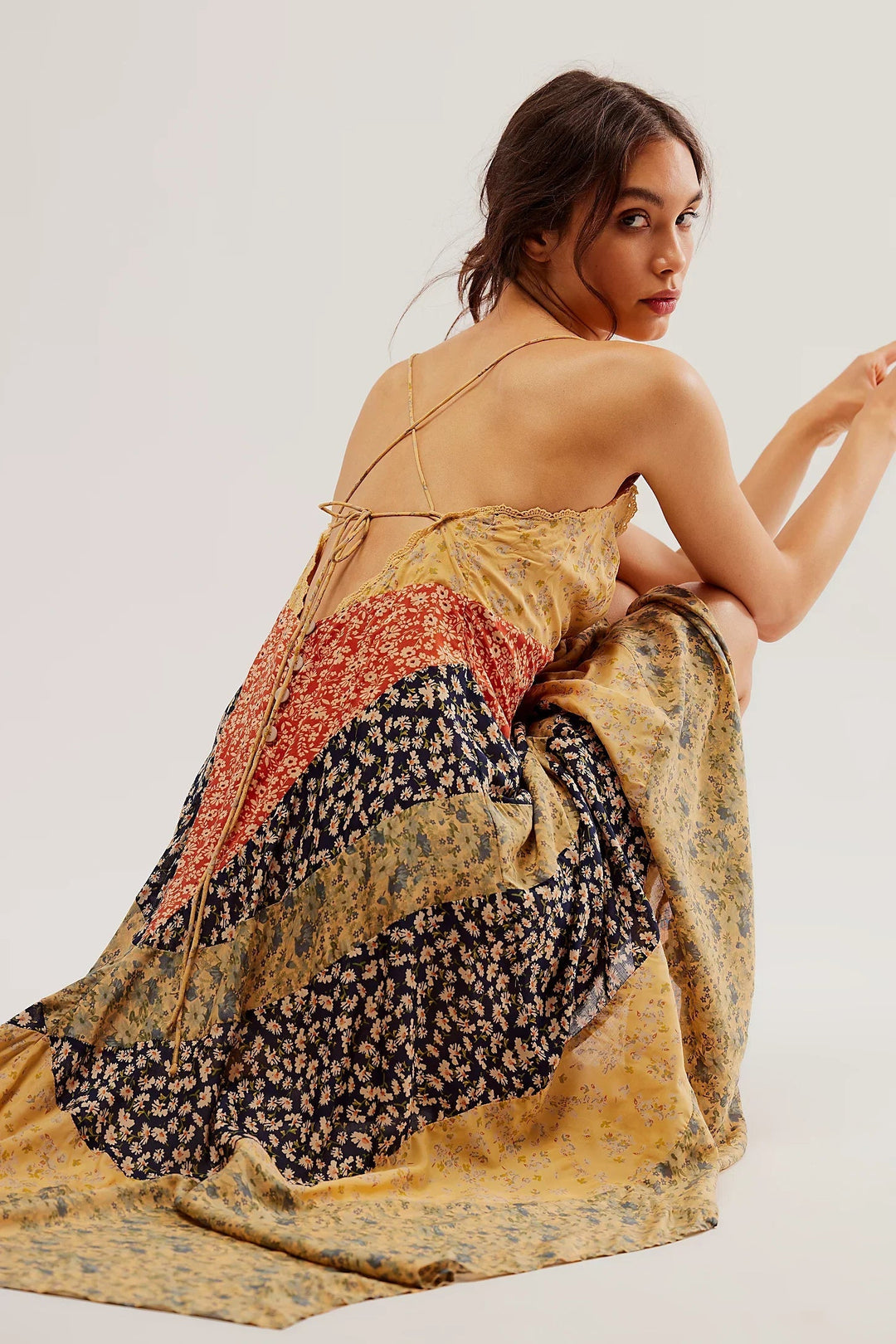 Sage | Stylish Patchwork Floral Maxi Dress With Backless Design