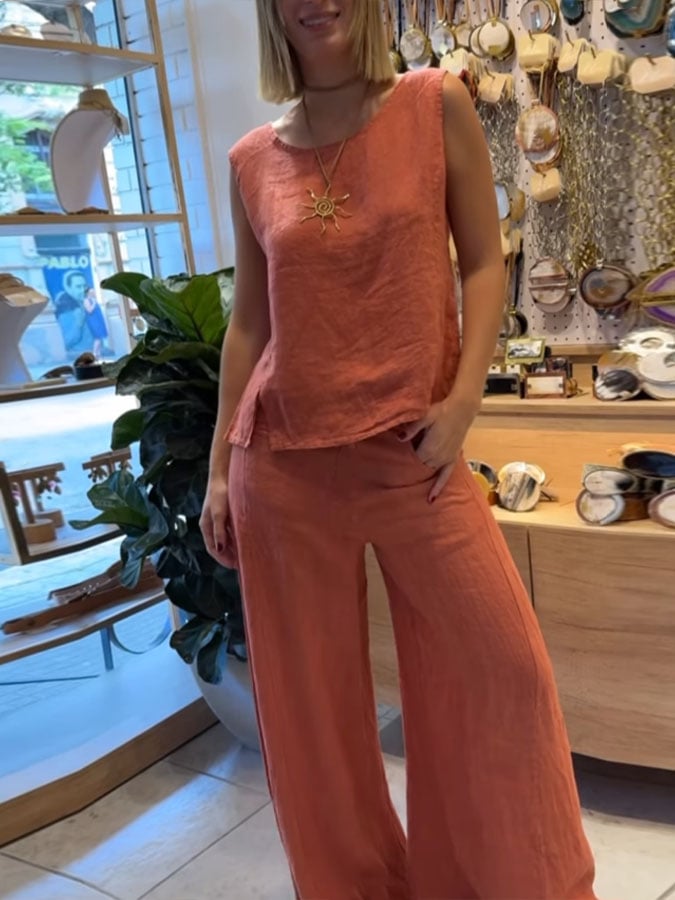 Elyse | Elegant Sleeveless Linen Two Piece Set With Wide Leg Pants