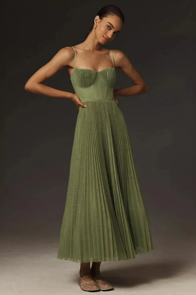 Juniper | Elegant Bustier Pleated Midi Dress - Sweetheart Neckline
