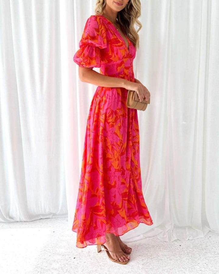 Molly | Elegant Floral V-Neck Puff Sleeve Maxi Dress