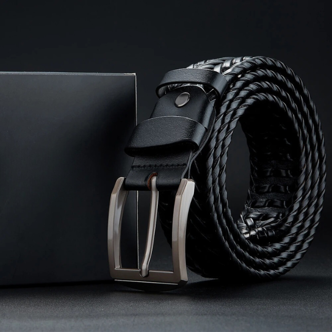Kai | Sleek Black Braided Cowhide Belt With Polished Buckle
