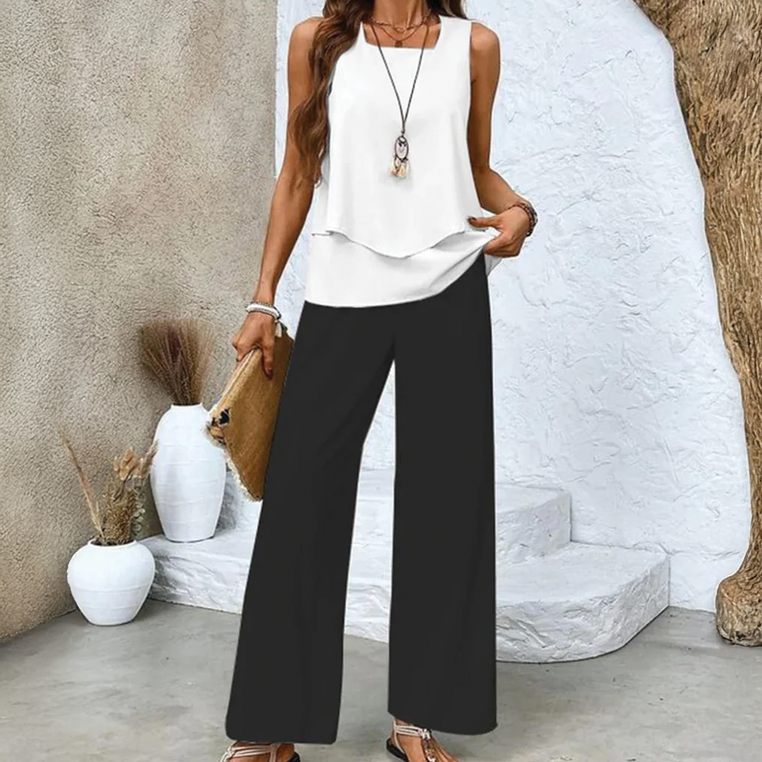 Valencia | Chic Two-Piece Sleeveless Top And Wide-Leg Trouser Set