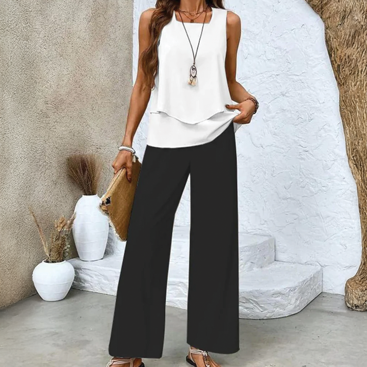 Valencia | Chic Two-Piece Sleeveless Top And Wide-Leg Trouser Set