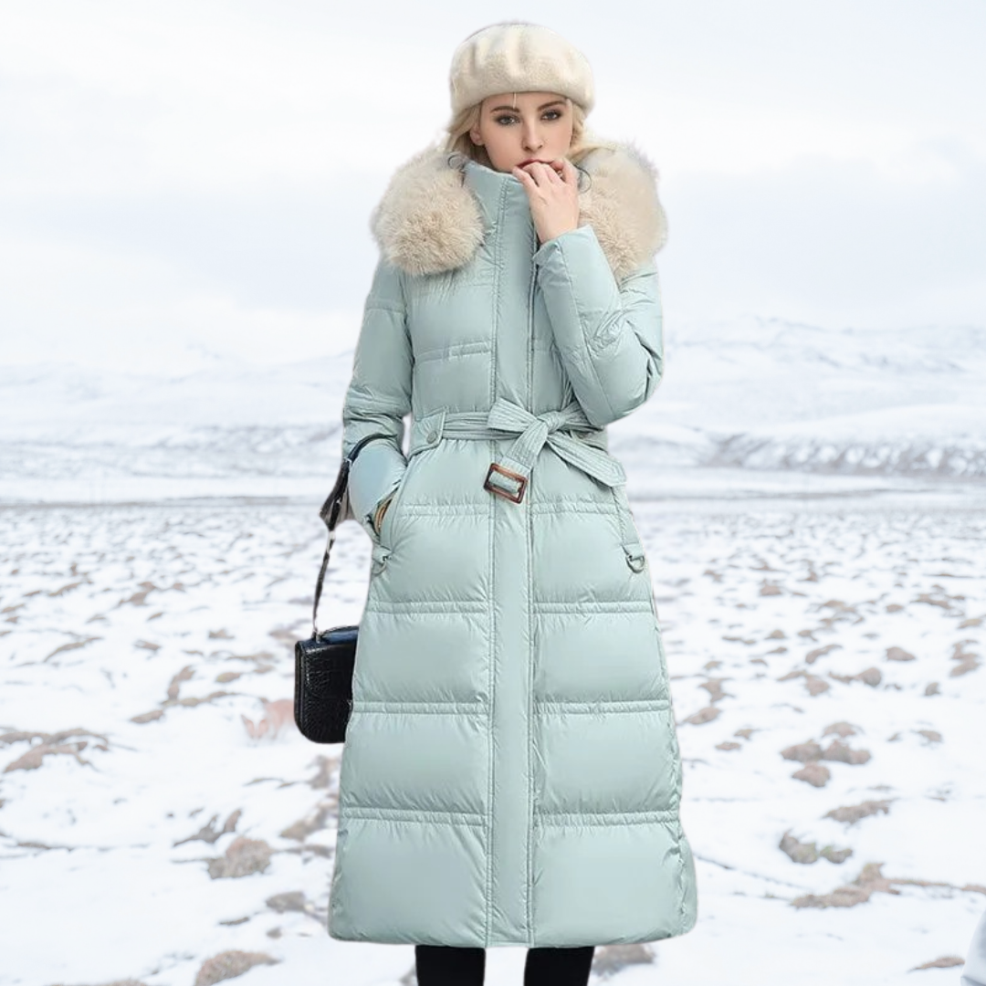Delilah | Elegant Long Quilted Puffer Coat With Faux Fur Hood