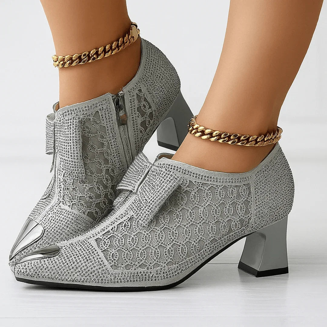 Margot | Elegant Rhinestone Bow Block Heels With Metallic Pointed Toe
