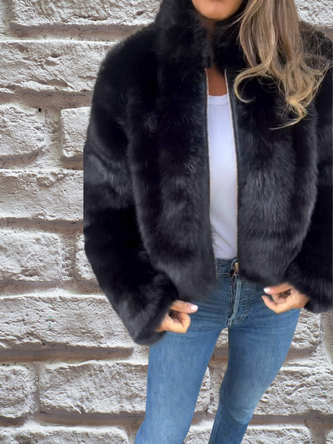 Natalie | Luxe Brown Faux Fur Cropped Jacket With Zipper