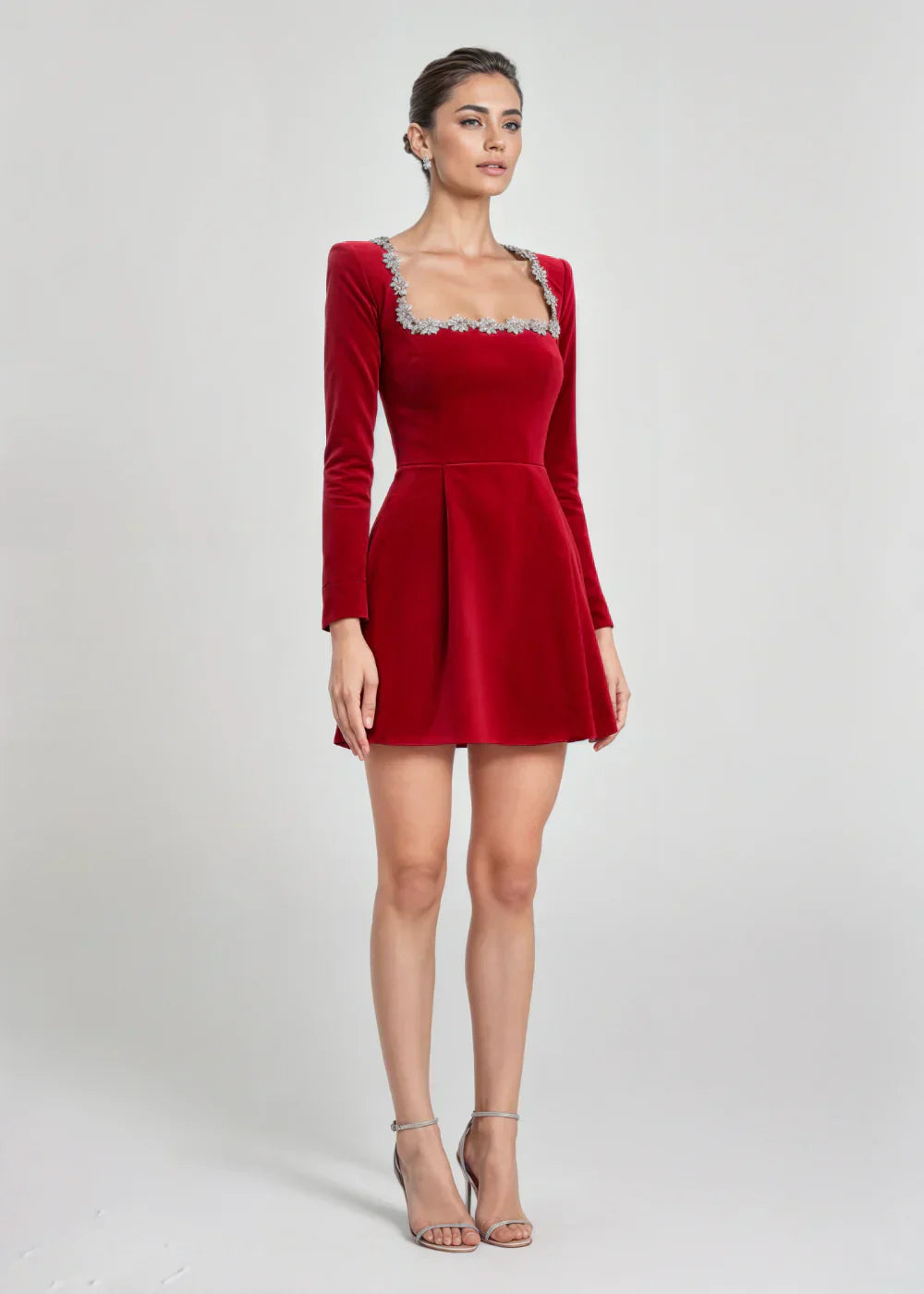 Blythe | Elegant Square Neck Velvet Mini Dress With Long Sleeves