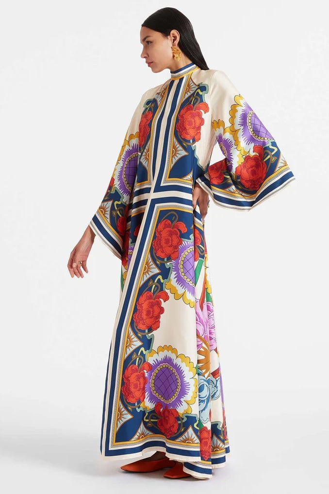 Octavius | Elegant V-Neck Floral Print Maxi Dress With Sleeves