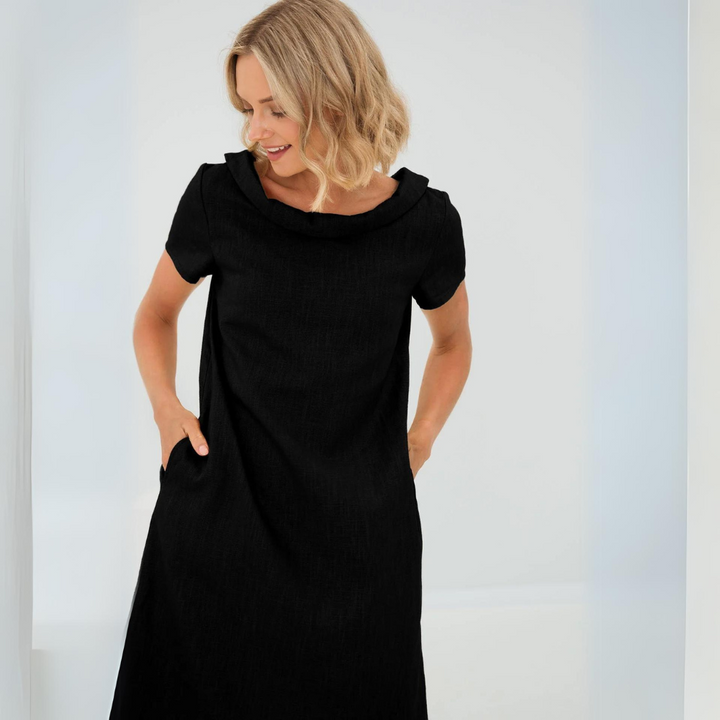 Sofia | Elegant Cowl Neck Short Sleeve Linen Midi Dress