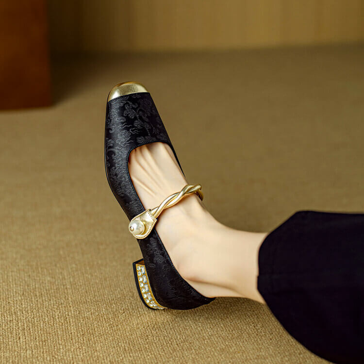 Perla | Elegant Embroidered Mary Jane Flats With Crystal Heel