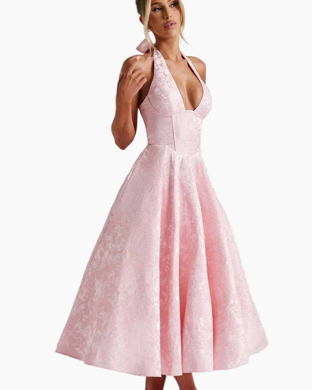 Penelope | Elegant White Halter Midi Dress With Flared Skirt