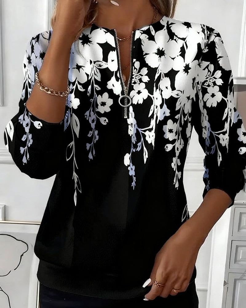 Sybil | Chic Floral Print Half Zip Sweatshirt With Long Sleeves