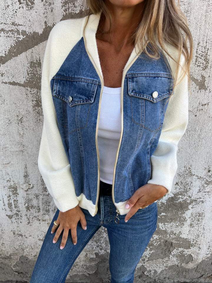 Sybil | Stylish Two-Tone Zip-Up Denim Jacket With Sherpa Sleeves