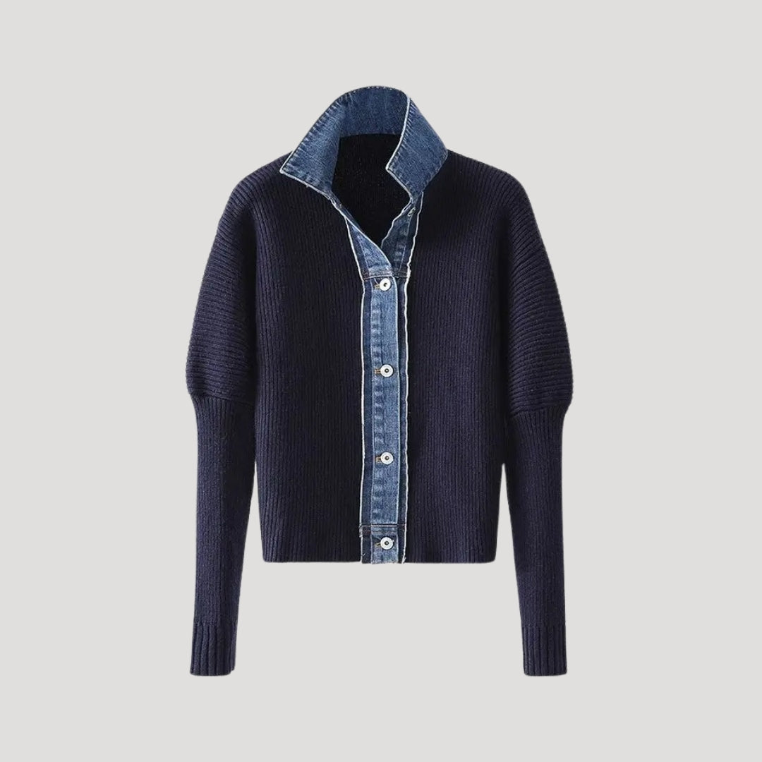 Elena | Chic Denim Trim Button Front Navy Knit Cardigan