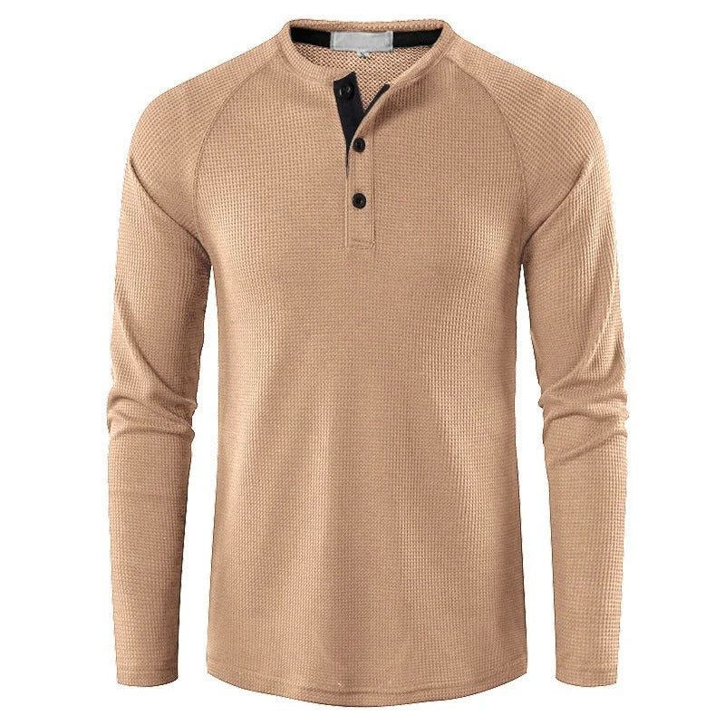 Evelyn | Elegant Men's Gray Waffle Knit Henley Long Sleeve Shirt