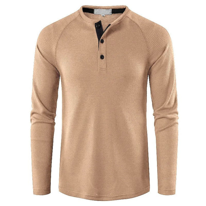 Evelyn | Elegant Men's Gray Waffle Knit Henley Long Sleeve Shirt