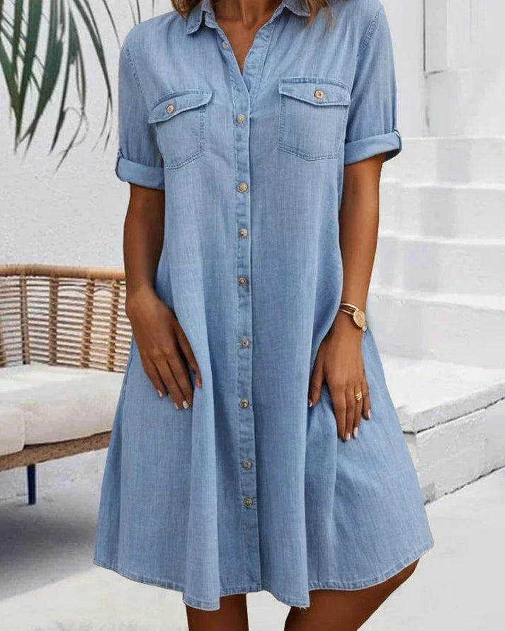 Sloane | Stylish Button-Up Denim Shirt Dress With Short Sleeves