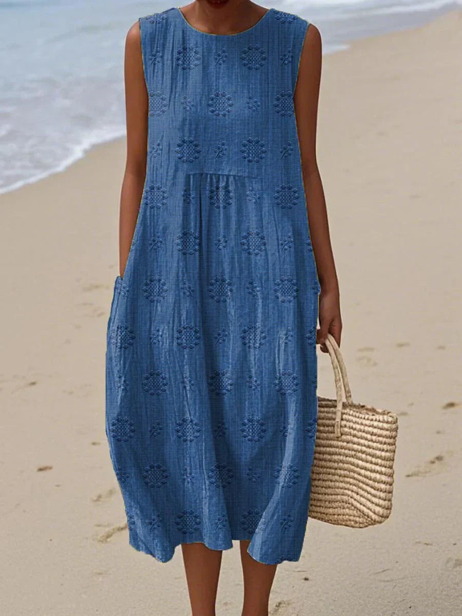 Rose | Elegant Sleeveless Embroidered Midi Dress With Pockets