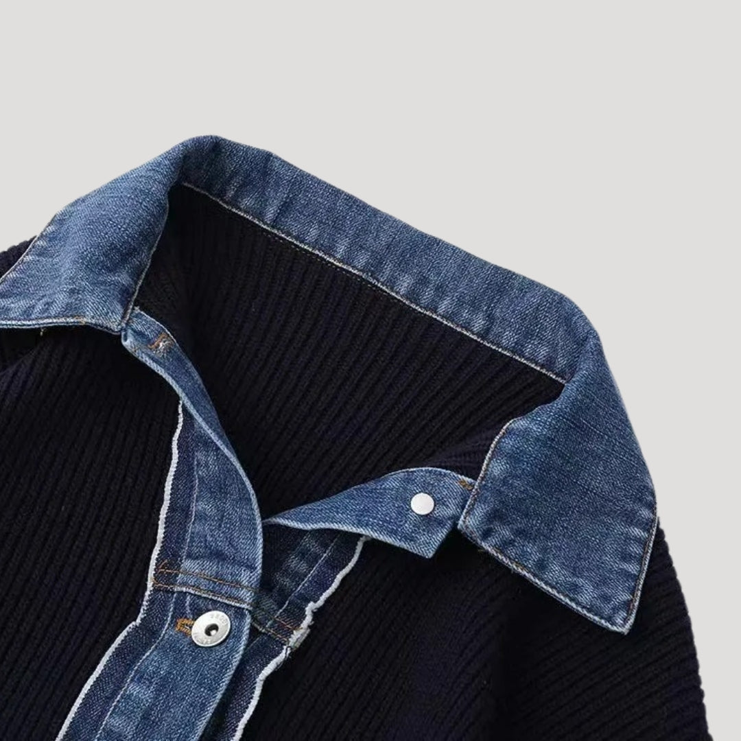 Elena | Chic Denim Trim Button Front Navy Knit Cardigan
