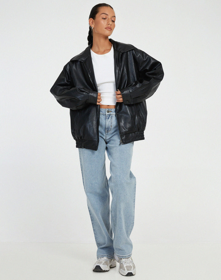 Oversized Brown PU Leather Bomber Jacket Women - Relaxed Fit