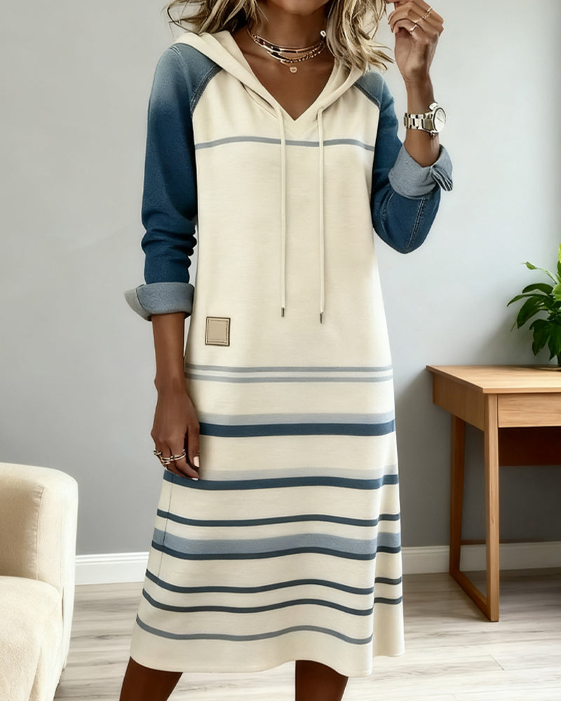 Bethany | Chic Striped Hooded Midi Dress With Color Block Sleeves