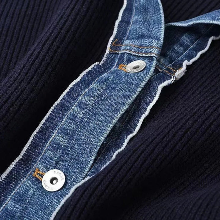 Elena | Chic Denim Trim Button Front Navy Knit Cardigan