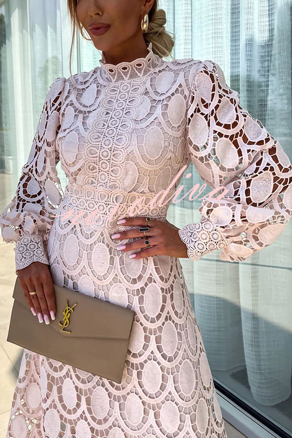 Roshel | Elegant High Neck Long Sleeve Lace Midi Dress