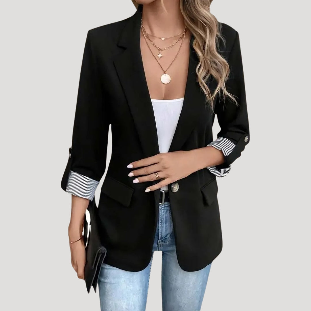 Rosanna | Chic Tailored Navy Blazer With Striped Cuff Detail