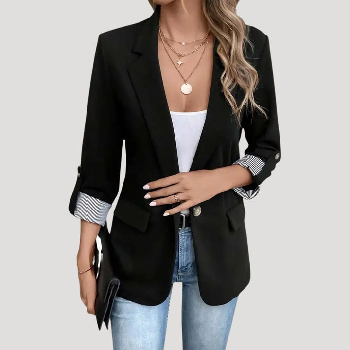 Rosanna | Chic Tailored Navy Blazer With Striped Cuff Detail
