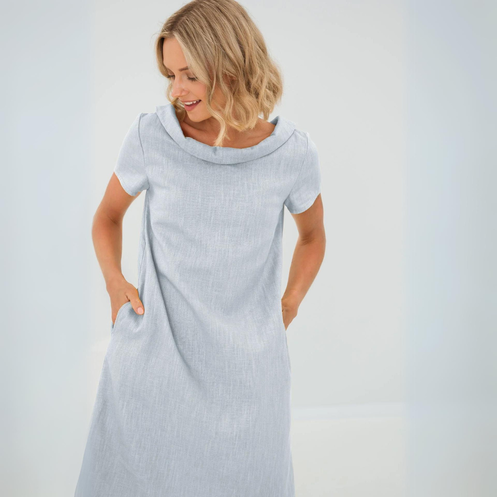 Sofia | Elegant Cowl Neck Short Sleeve Linen Midi Dress