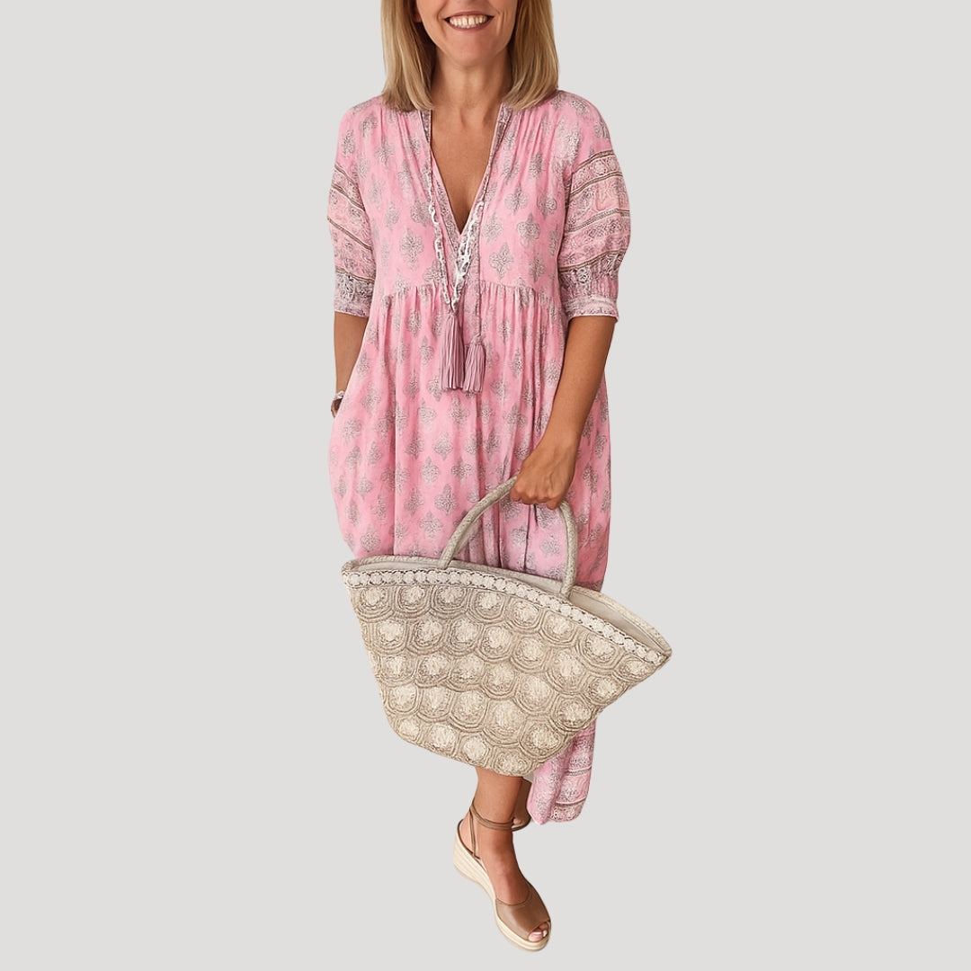 Eliana | Boho V-Neck Tiered Midi Dress With Tassels