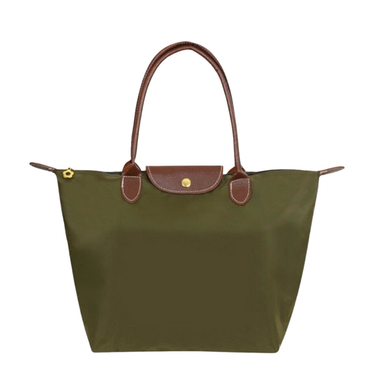 Allegra | Chic Black Tote Bag With Brown Leather Trim