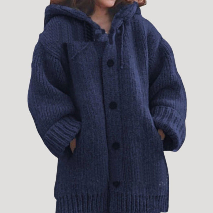 Evelyn | Stylish Chunky Knit Hooded Long Cardigan With Button Front