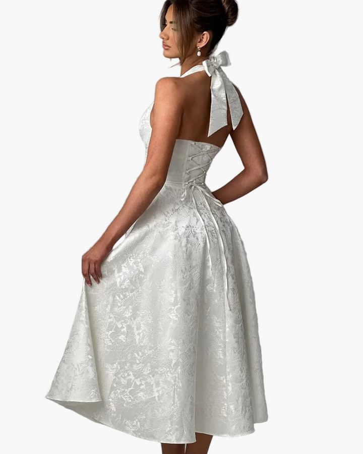 Penelope | Elegant White Halter Midi Dress With Flared Skirt