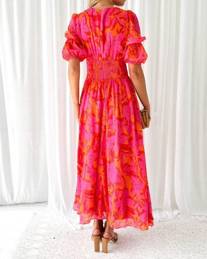 Molly | Elegant Floral V-Neck Puff Sleeve Maxi Dress