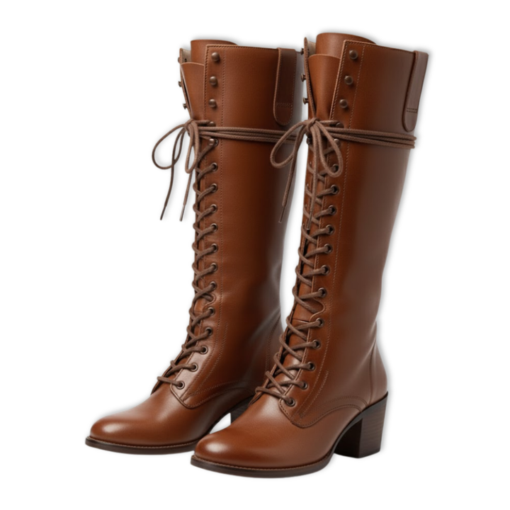 Tilly | Stylish Lace-Up Knee High Leather Boots With Block Heel