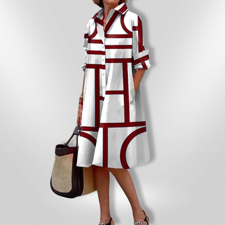 Willa | Chic Geometric Print Midi Shirt Dress With Collared Neckline