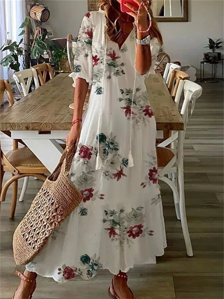 Evy | Elegant V-Neck Floral Print Maxi Dress With Short Sleeves