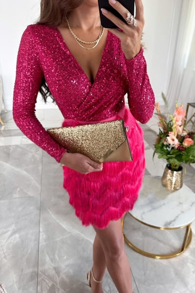 Celina | Elegant V-Neck Sequin Fringe Mini Dress