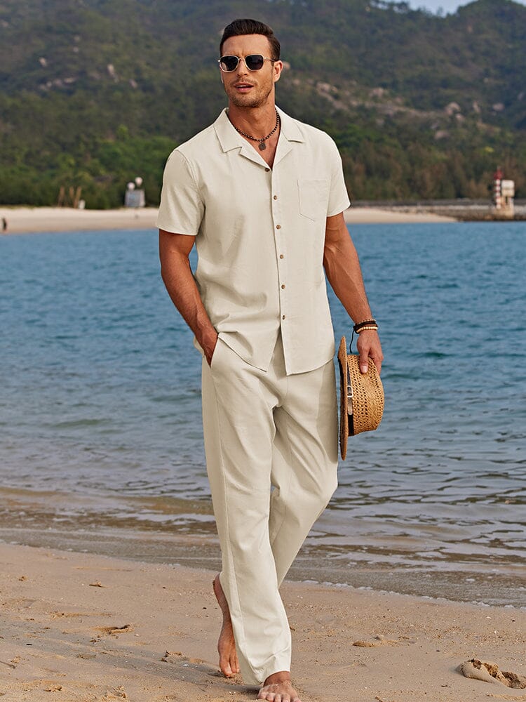 Santiago | Effortless White Linen Beach Set Short Sleeve
