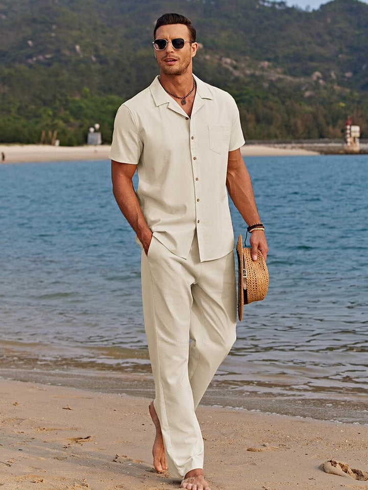 Santiago | Effortless White Linen Beach Set Short Sleeve