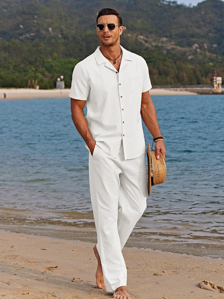 Santiago | Effortless White Linen Beach Set Short Sleeve